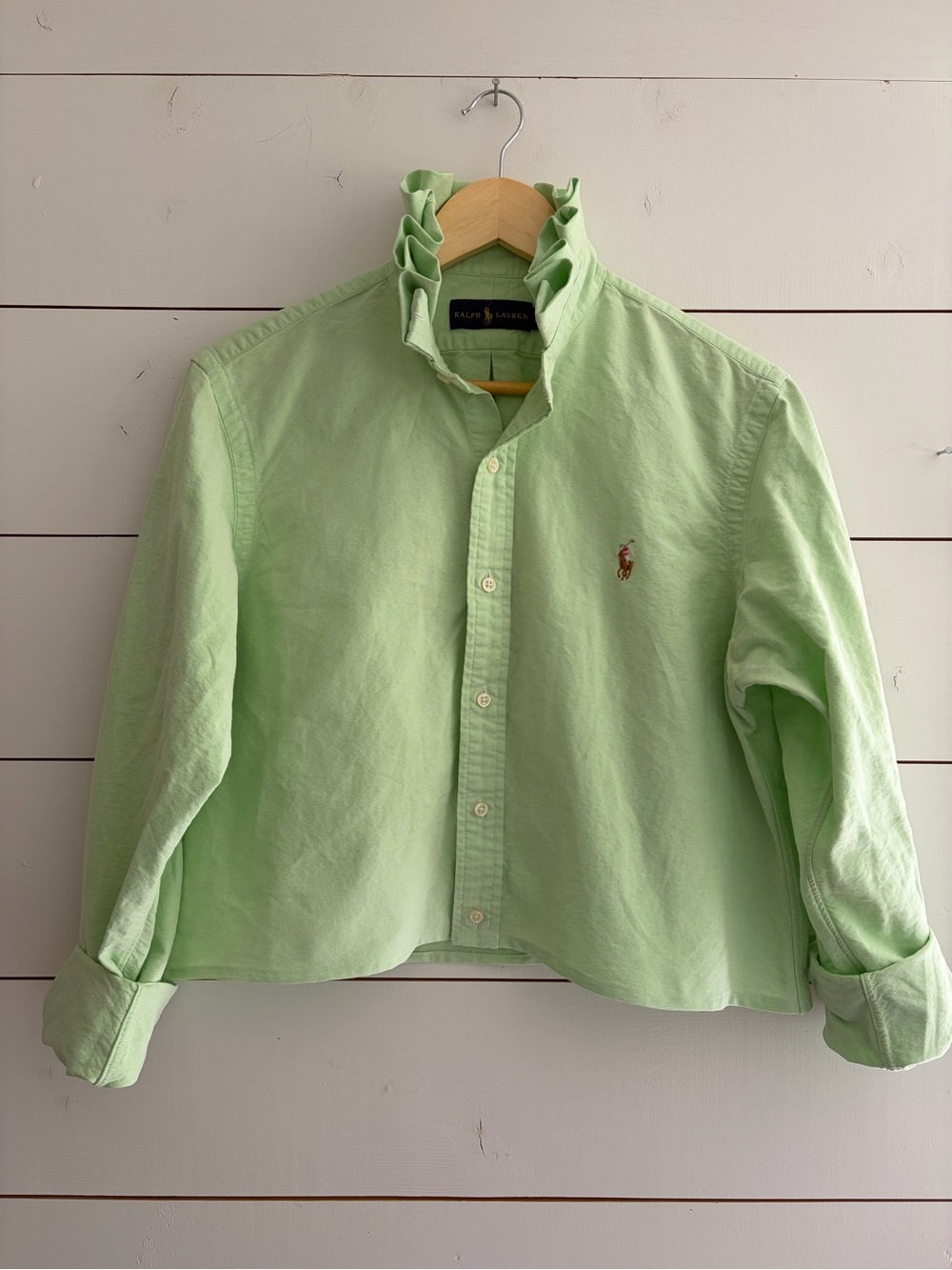 Viral Reworked Upcycled RALPH LAUREN Green Oxford Shirt Ruffle Collar, Medium